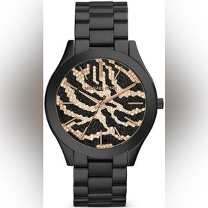 NWT Michael Kors Slim Runway Rose Gold Black Midnight Safari Zebra MK3316 Watch